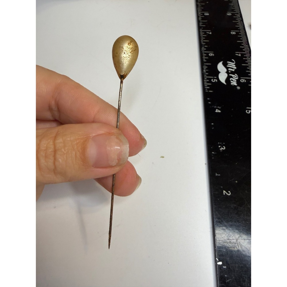 Antique Champagne Faux Pearl Teardrop Hat Pin Gold Tone Millinery 3.25 Inch